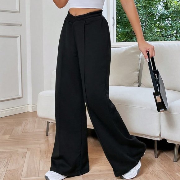 . Pants - Black Preppy Womens Solid Asymmetrical Wide Leg Sweatpants